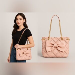 NWT, Betsey Johnson SET, Blush Crochet Bow,Shoulder Bag,Gold Chain,2 Pieces, Med